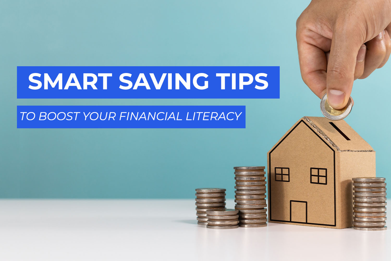 Hand saving coin in house-shaped box with stacked coins, showing smart saving tips on 3elm El geib blog